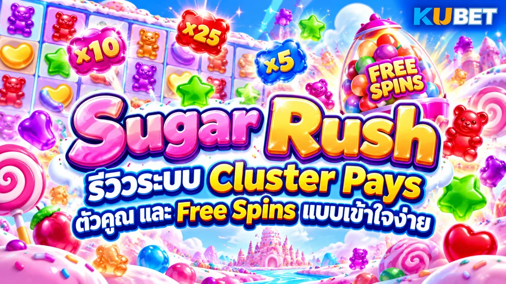 Sugar Rush รีวิวระบบ Cluster Pays ตัวคูณ และ Free Spins แบบเข้าใจง่าย